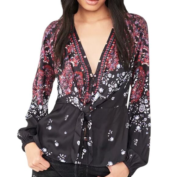 FREE PEOPLE FLORAL BOHO NIGHT COMBO BLOUSE ROMANTIC HIPPIE FLOWER CHILD SMALL - Picture 2 of 9
